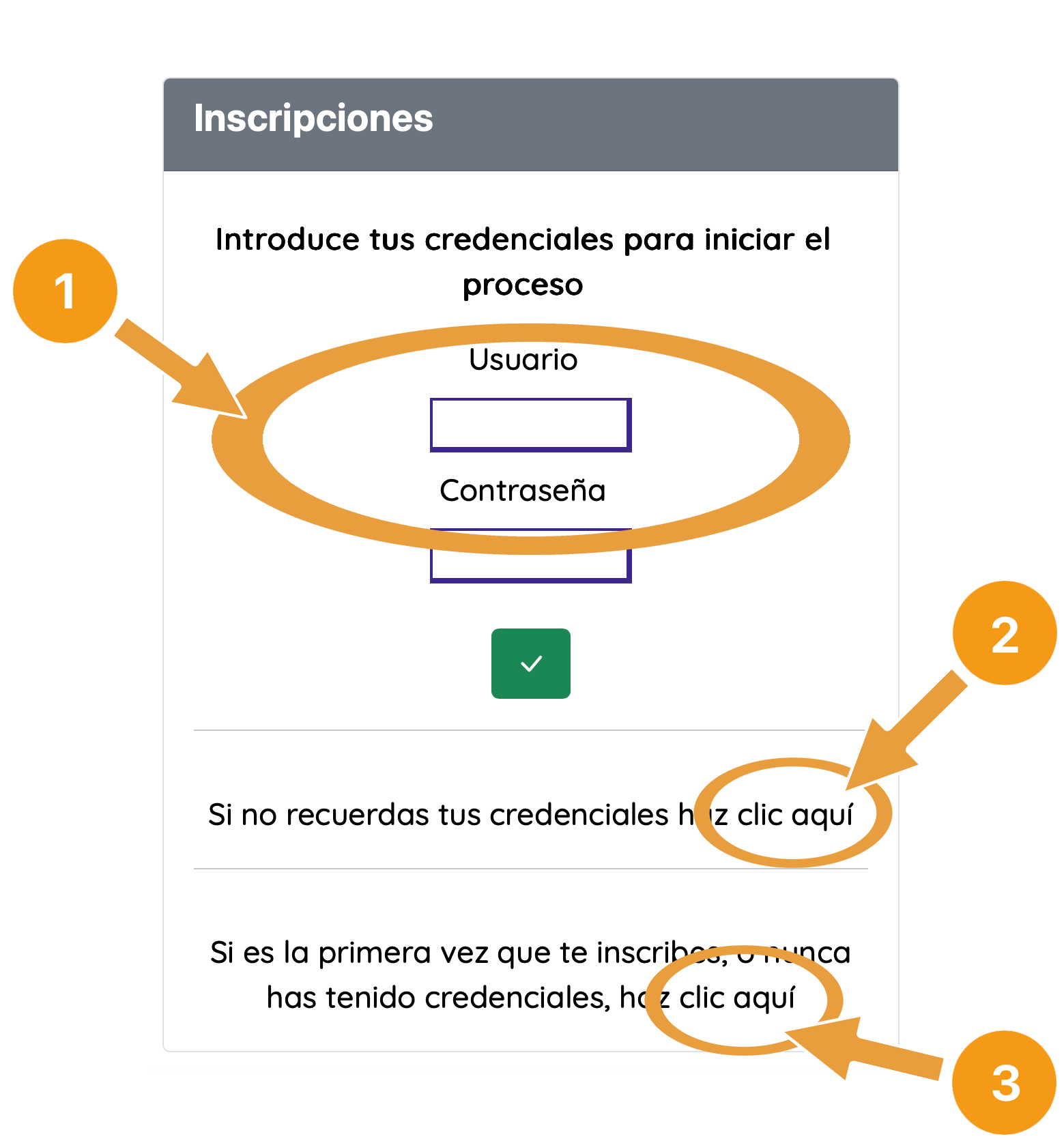 Pantalla de credenciales con tres opciones: iniciar con usuario y contraseña, recuperar credenciales o acceder por primera vez.