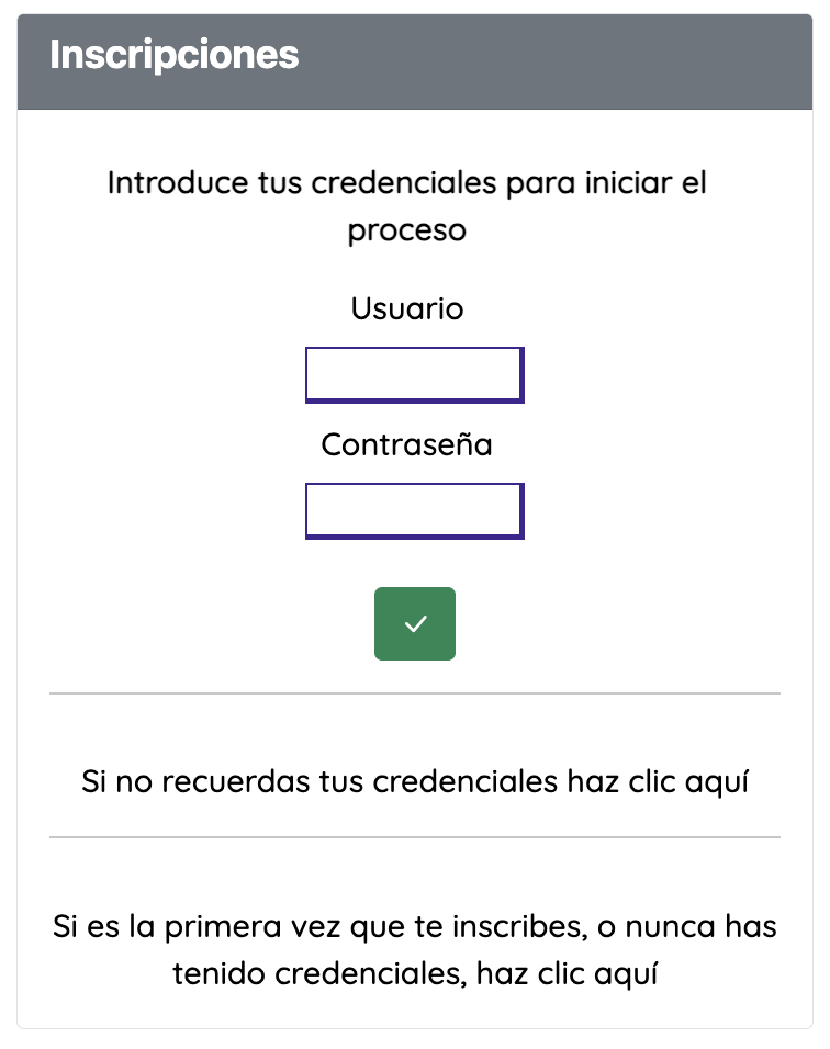 Pantalla de acceso de la plataforma con campos de usuario y contraseña y opciones para recuperar credenciales o iniciar una inscripción por primera vez.