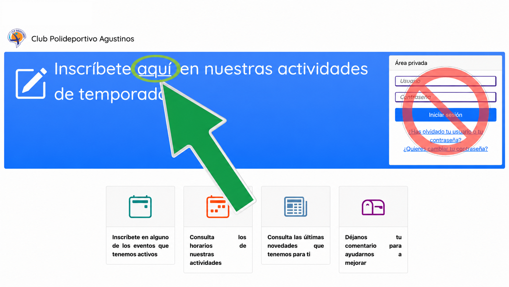 Pantalla inicial de la plataforma de inscripción en ordenador, con el acceso Inscríbete aquí y el Área privada ya señalados en la imagen.