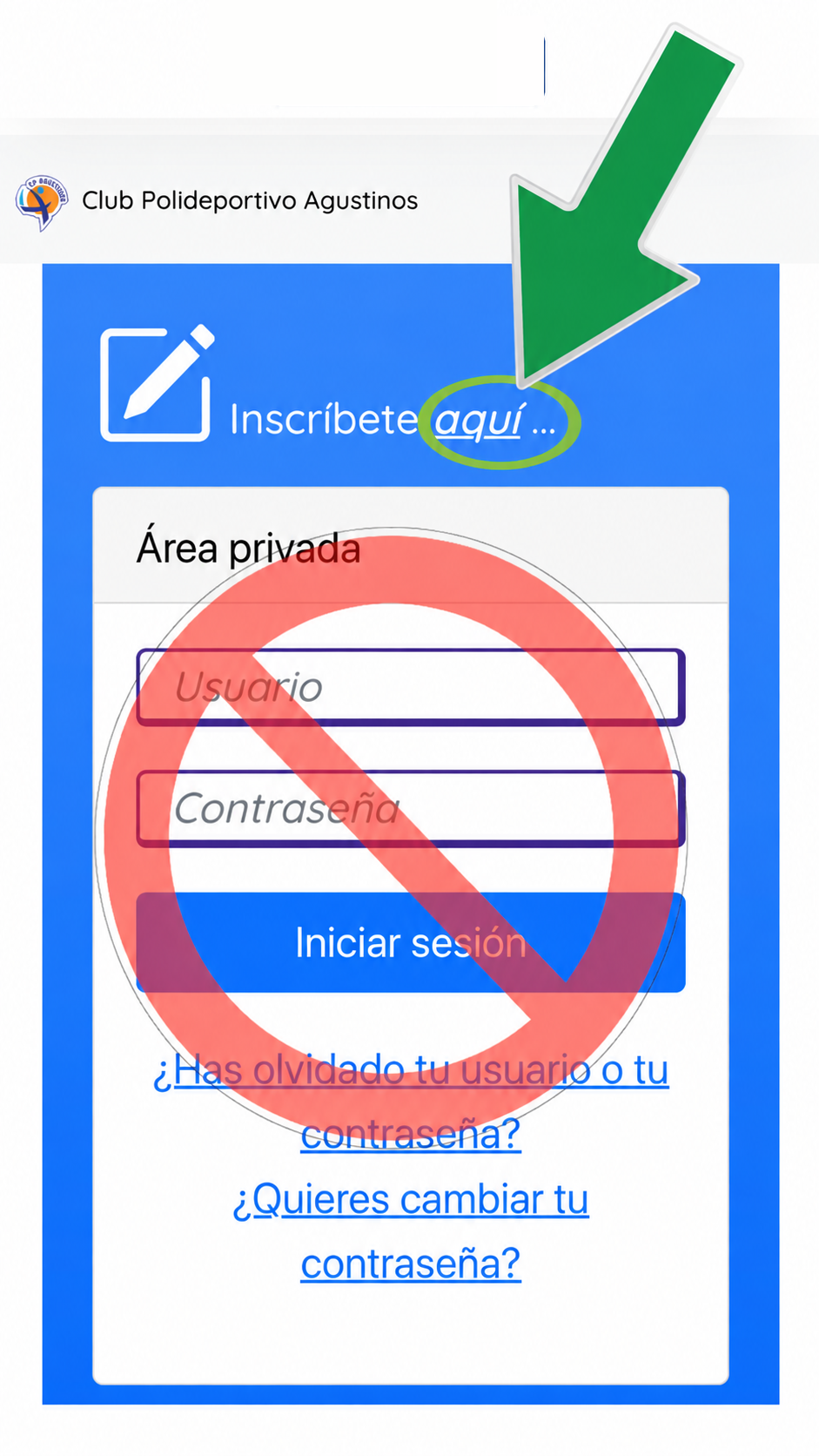 Pantalla inicial de la plataforma de inscripción en móvil, con el acceso Inscríbete aquí y el Área privada ya señalados en la imagen.
